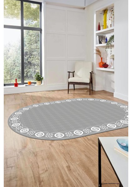 Jüt-Hasır Desen Dijital Kaymaz Yıkanabilir Oval Yolluk Koridor Salon Halısı, O-Jüt-15-Gri,