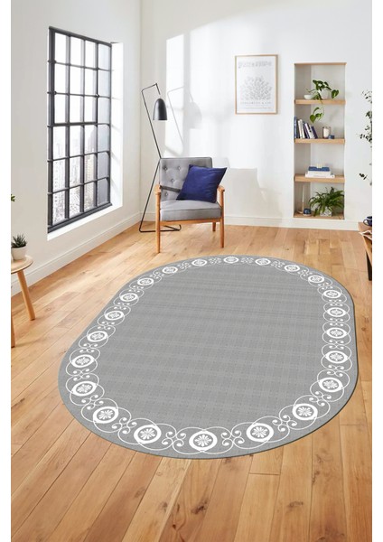 Jüt-Hasır Desen Dijital Kaymaz Yıkanabilir Oval Yolluk Koridor Salon Halısı, O-Jüt-15-Gri,