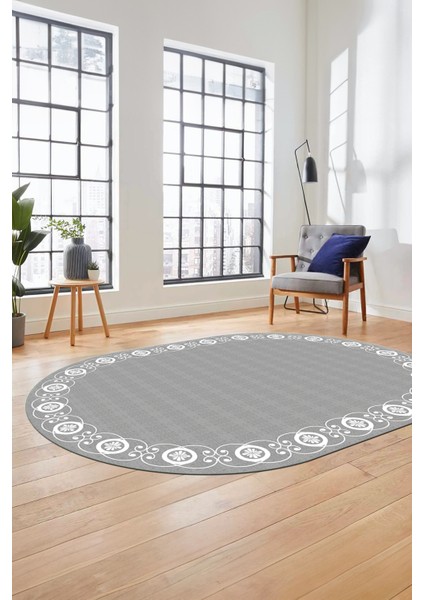 Jüt-Hasır Desen Dijital Kaymaz Yıkanabilir Oval Yolluk Koridor Salon Halısı, O-Jüt-15-Gri,