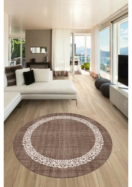Dijital Kaymaz Yıkanabilir Jüt-Hasır Desen Modern Yuvarlak Mutfak Salon Halısı, Y-Jüt-04-Kahve,