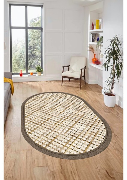Şık Jüt-Hasır Desen Dijital Kaymaz Yıkanabilir Oval Yolluk Koridor Salon Halısı, O-Jüt-16-Krem,