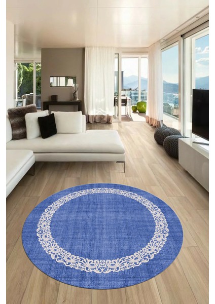 Dijital Kaymaz Yıkanabilir Jüt-Hasır Desen Modern Yuvarlak Mutfak Salon Halısı, Y-Jüt-04-Mavi,
