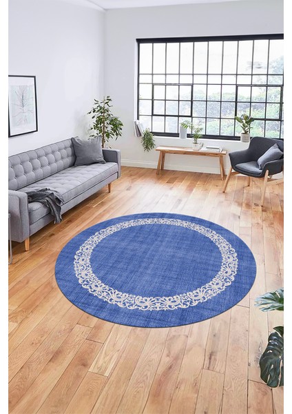 Dijital Kaymaz Yıkanabilir Jüt-Hasır Desen Modern Yuvarlak Mutfak Salon Halısı, Y-Jüt-04-Mavi, fırsatları