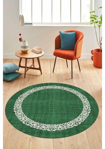 Dijital Kaymaz Yıkanabilir Jüt-Hasır Desen Modern Yuvarlak Mutfak Salon Halısı, Y-Jüt-04-Yeşil,