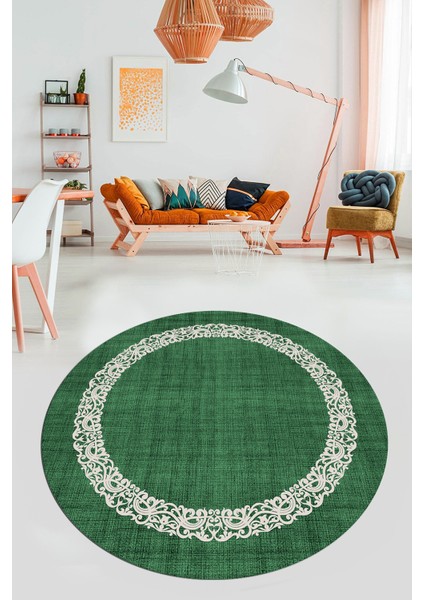Dijital Kaymaz Yıkanabilir Jüt-Hasır Desen Modern Yuvarlak Mutfak Salon Halısı, Y-Jüt-04-Yeşil,