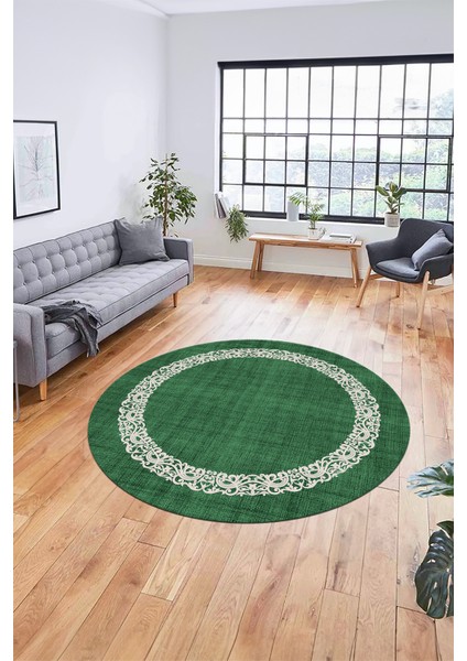 Dijital Kaymaz Yıkanabilir Jüt-Hasır Desen Modern Yuvarlak Mutfak Salon Halısı, Y-Jüt-04-Yeşil,