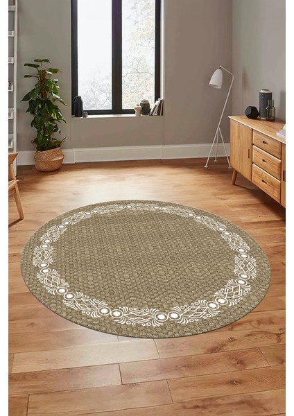 Modern Jüt-Hasır Desenli Dijital Kaymaz Yıkanabilir Yuvarlak Salon Halısı, Y-Jüt-14-Vizon,