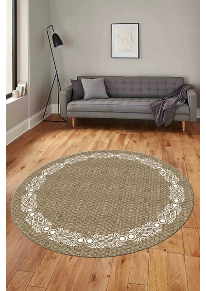 Modern Jüt-Hasır Desenli Dijital Kaymaz Yıkanabilir Yuvarlak Salon Halısı, Y-Jüt-14-Vizon,