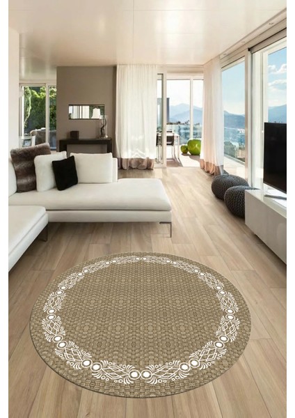 Modern Jüt-Hasır Desenli Dijital Kaymaz Yıkanabilir Yuvarlak Salon Halısı, Y-Jüt-14-Vizon,