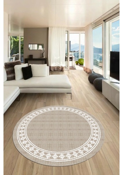 Çerçeveli Jüt-Hasır Desen Kaymaz Yıkanabilir Modern Yuvarlak Mutfak Salon Halısı, Y-Jüt-20-Krem, modelleri