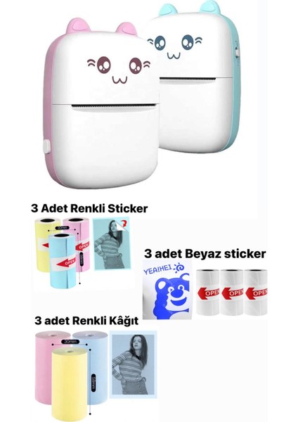 Mini Termal Taşınabilir Yazıcı MAVİ, 3ADET Beyaz + 3ADET Renkli Sticker+ 3ADET Renkli Rulo