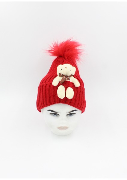 088 4000 Bordo Ponpon Ayıcıklı Çocuk Bere Kırmızı Tek Ebat