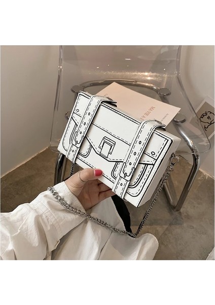 Beyaz Stil 18.5X5X12 cm Siyah ve Beyaz Kutu Tasarımı Kadın Günlük Çantalar ve Çantalar Moda Debriyaj Çanta Omuz Zinciri Çanta Rossbody Çanta Pu Deri (Yurt Dışından)