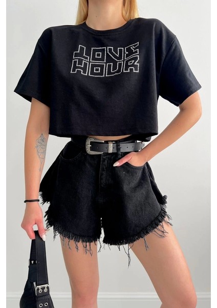 Love Hour Yazılı Taşlı Siyah Crop Tshirt