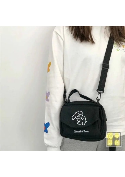 Köpek Siyahı Kolye Stili Yok Kadın Postacı Çantaları Bayanlar Kanvas Baskılı Sevimli Zarf Çanta Bayan Tatlı Karikatür Öğrenci Omuz Çantası (Yurt Dışından)