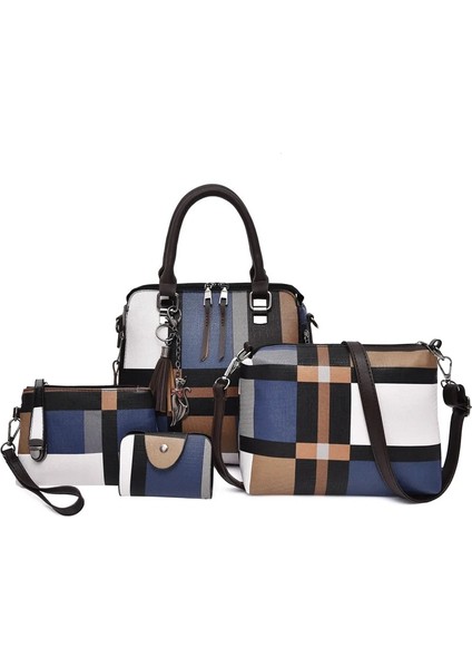 Mavi Stil 4 Adet Kadın Çanta Seti Moda Pu Deri Bayan Çanta Izgara Baskı Messenger Omuz Çantası Cüzdan Çanta Famou (Yurt Dışından)