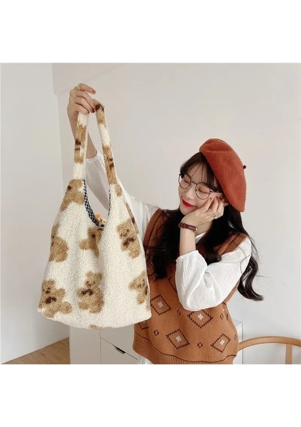 D6 Stili 39CMX34MX10CM 2021 Kadın Kuzu Gibi Kumaş Omuz Çantası Tuval Kabarık Kürk Ayı Çanta Büyük Kapasiteli Yumuşak Alışveriş Çantaları Sevimli Okul Çantası (Yurt Dışından) fırsatları
