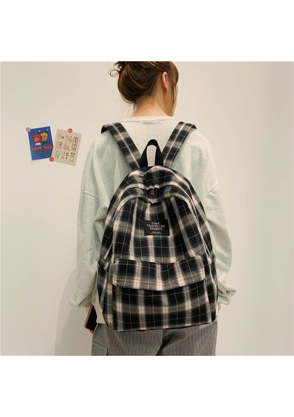 Siyah Stil Moda Ekose Tuval Kadın Sırt Çantası Kolej Öğrenci Sırt Çantası Genç Kız Okul Çantaları Büyük Kapasiteli Su Geçirmez Seyahat Sırt Çantası (Yurt Dışından) fırsatları