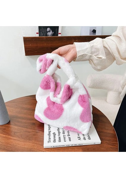 Leopar Tarzı Xslıng Peluş Leopar Baskı Koltukaltı Çanta Kadın Aşk Kalp Omuz Çantası Moda Bayanlar Sonbahar Kış Büyük Kapasiteli Tote Çanta (Yurt Dışından) modelleri