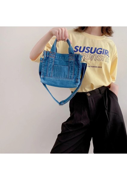 Derin Mavi Denim Stili Denim Kumaş Kadın Küçük Omuz Çantası Kız Açık Mavi Kanvas Kumaş Çanta Küçük Rahat Tote Ayrılabilir Askı Bayan Fermuar Çanta (Yurt Dışından) fiyatları