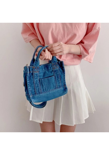Derin Mavi Denim Stili Denim Kumaş Kadın Küçük Omuz Çantası Kız Açık Mavi Kanvas Kumaş Çanta Küçük Rahat Tote Ayrılabilir Askı Bayan Fermuar Çanta (Yurt Dışından) fırsatları