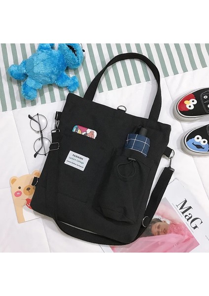Siyah-B Tarzı Large Capacity Women's Canvas Bag New Casual All-Match Shoulder Bag Messenger Bag Student Zipper Handbag School Bag (Yurt Dışından)
