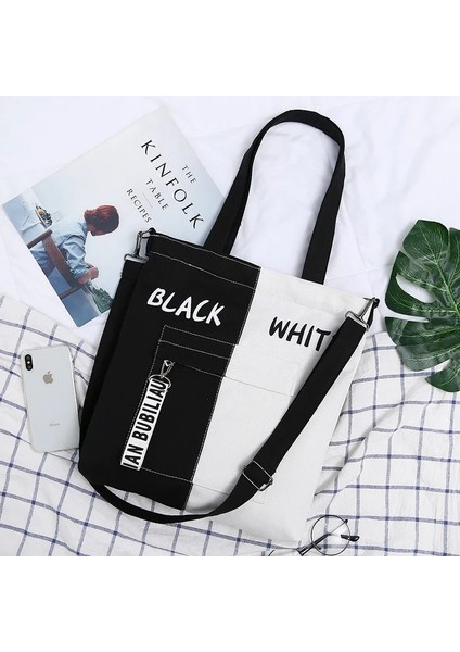 Siyah-B Tarzı Large Capacity Women's Canvas Bag New Casual All-Match Shoulder Bag Messenger Bag Student Zipper Handbag School Bag (Yurt Dışından) modelleri