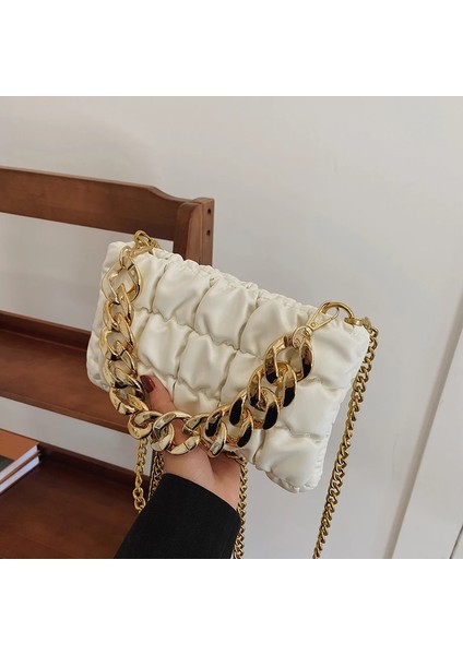 Beyaz Stil Moda Akşam Çanta Altın Zincir Çanta Parti Manşonlar Bayan Çanta Omuz Çantaları Womeace Puff Messenger Crossbody Çanta (Yurt Dışından)