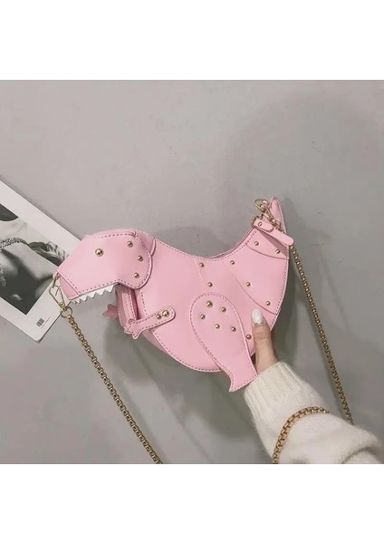 Pembe Tarzı Moda Dinozor Tasarım Perçinler Pu Deri Kızın Zincir Çanta Omuz Çantası Tote Bayanlar Crossbody Mini Messenger Çanta Flap (Yurt Dışından)