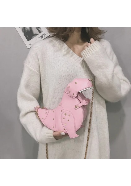 Pembe Tarzı Moda Dinozor Tasarım Perçinler Pu Deri Kızın Zincir Çanta Omuz Çantası Tote Bayanlar Crossbody Mini Messenger Çanta Flap (Yurt Dışından) fiyatları
