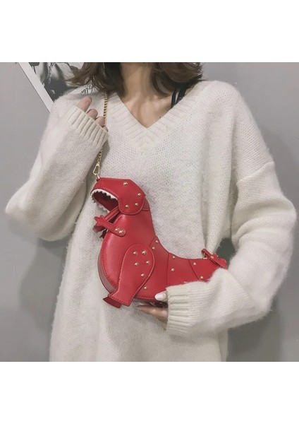 Pembe Tarzı Moda Dinozor Tasarım Perçinler Pu Deri Kızın Zincir Çanta Omuz Çantası Tote Bayanlar Crossbody Mini Messenger Çanta Flap (Yurt Dışından) modelleri
