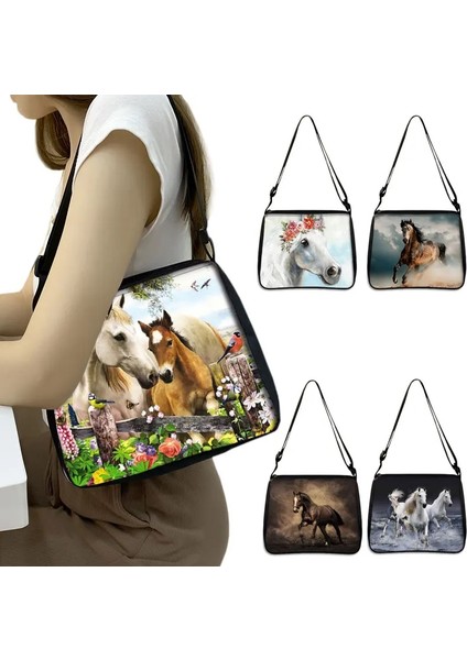 Derin Mavi Tarzı 20CMX24CM Hayvan At Baskı Omuz Çantası Kadın Eğlence Çanta Taşınabilir Kanvas Messenger Çanta Bayanlar Küçük Retro Debriyaj Kadın Çapraz Çanta (Yurt Dışından) fırsatları