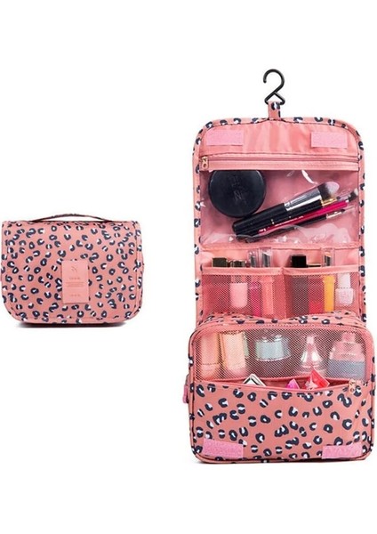 Pembe Leopar Stili Naylon Asılı Kozmetik Çantaları Kadın Makyaj Çantası Yüksek Li Tuvalet Çantası Su Geçirmez Büyük Seyahat Güzellik Seti Kişisel Yıkama Torbaları (Yurt Dışından)
