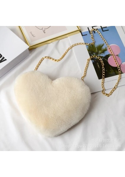 Krem Beyaz Tarzı 25CM x 20CM Moda Kalp Şeklinde Faux Kürk Crossbody Çanta Wome Için Yeni Cüzdan Çanta Zincir Omuz Çantası Zinciri Tatlı Bayan Kız Çanta (Yurt Dışından)