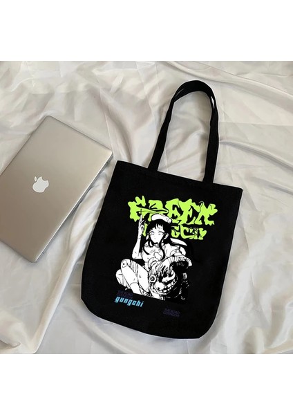 Siyah Stil Harajuku Anime Grafik Bayanlar Alışveriş Çantası Çanta Kawaii Kumaş Kanvas Bez Çantalar Kadın Y2K Yeniden Kullanılabilir Omuz Alışveriş Çantaları Сумка (Yurt Dışından)