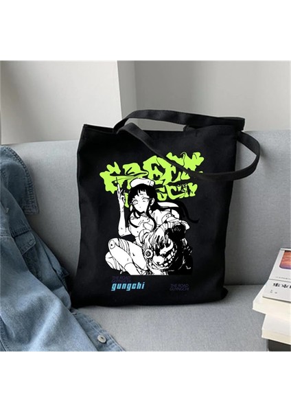 Siyah Stil Harajuku Anime Grafik Bayanlar Alışveriş Çantası Çanta Kawaii Kumaş Kanvas Bez Çantalar Kadın Y2K Yeniden Kullanılabilir Omuz Alışveriş Çantaları Сумка (Yurt Dışından) fırsatları