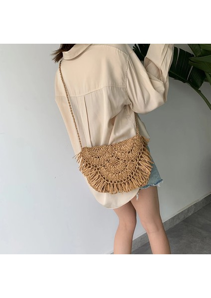 E Tipi Stili Kadınlar Için Yaz Hasır Çanta El Yapımı Püskül Plaj Çantası Rafya Rattan Dokuma Çanta Tatil Omuz Crossbody Çanta Debriyaj (Yurt Dışından) modelleri