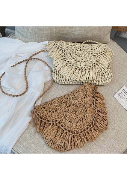 E Tipi Stili Kadınlar Için Yaz Hasır Çanta El Yapımı Püskül Plaj Çantası Rafya Rattan Dokuma Çanta Tatil Omuz Crossbody Çanta Debriyaj (Yurt Dışından) indirimleri