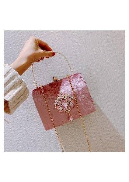 Pembe Stil Yeni Lüks Tasarım Kutulu Akşam Çanta Kadife Retro Kare Çanta Kadın Elmas Debriyaj Çanta Altın Düğün Çanta (Yurt Dışından)