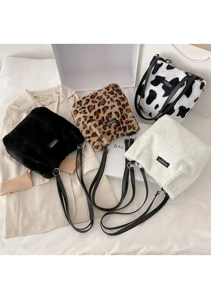 Siyah Stil Kış Peluş Mini Çanta Yeni Leopar Baskı Etikel Omuz Kova Çantaları Kadınlar Için Çile Büyük Kapasiteli Kadife Shopper Koltukaltı Çantası (Yurt Dışından) fiyatları