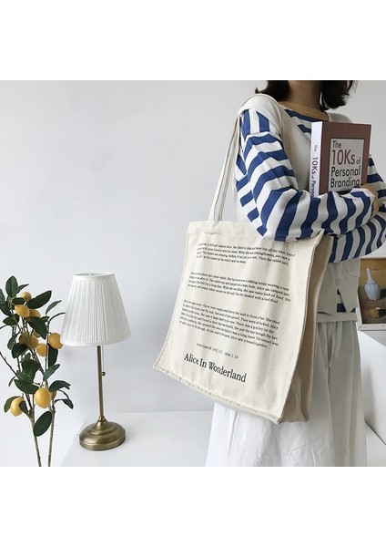 Bej Alice Stili Kadın Kanvas Omuz Çantası Peri Masalları Baskı Günlük Alışveriş Çantaları Öğrencileri Kitaplar Çanta Kızlar Için Kalın Pamuklu Bez Çanta Tote (Yurt Dışından) modelleri