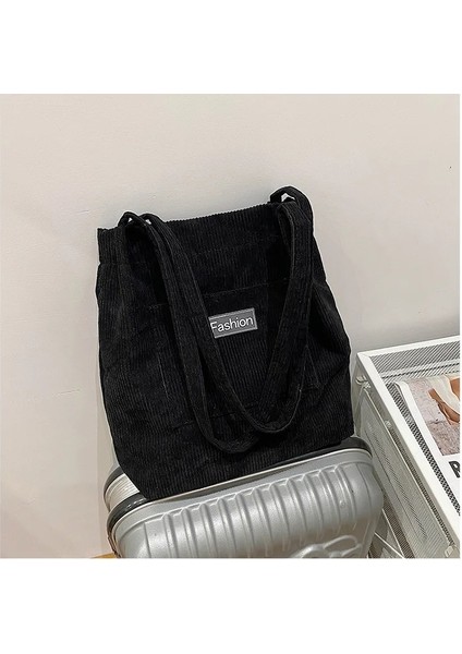 Siyah 1 Stil Womeorduroy Snap Düğmesi Omuz Çantası Için Çantalar Büyük Kapasiteli Yeniden Kullanılabilir Alışveriş Çantası Edebi Toka Tote Kadın Çantaları (Yurt Dışından)
