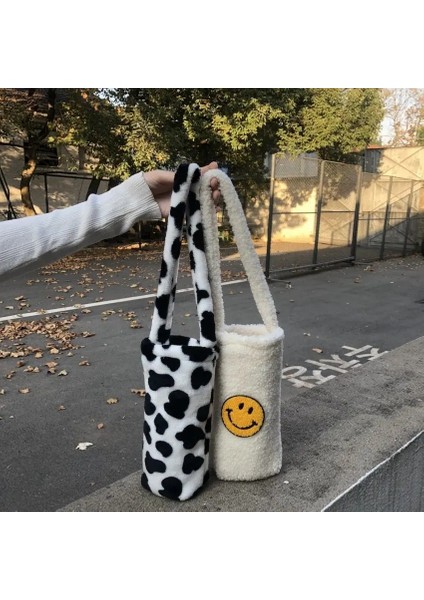 Çiçek B Tarzı Fashion Smiley Women Water Cup Shoulder Bag Soft Plush Portable Girls Student Bottle Bucket Bags Cute Cow Pattern Purse Handbags (Yurt Dışından)