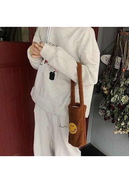 Çiçek B Tarzı Fashion Smiley Women Water Cup Shoulder Bag Soft Plush Portable Girls Student Bottle Bucket Bags Cute Cow Pattern Purse Handbags (Yurt Dışından)
