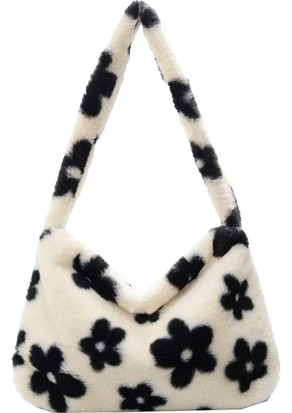 Beyaz Stil Moda Kadın Inek Baskı Kalıp Çantaları Kadın Kış Peluş Koltukaltı Çantaları Leopar Zebra Desen Kabarık Bez Çantalar Küçük Çantalar (Yurt Dışından)