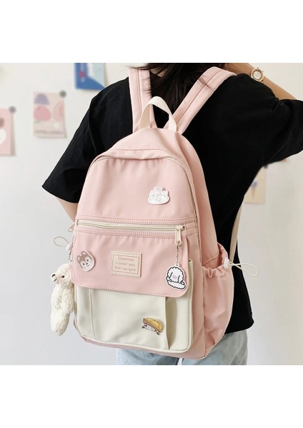 Pembe Stil Ayı Kolye ile Trendy Kadınlar Sevimli Sırt Çantası Naylon Kadın Harajuku Okul Çantası Kolej Kitap Bayan Rozeti Sırt Çantası Kawaii Moda Kız Çantası Öğrenci Yeni (Yurt Dışından)
