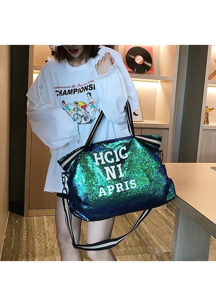 Yeşil Stil 45X36X10CM Herlad Moda Büyük Kadın Çanta Li Deri Parlak Payetli Kadın Omuz Çantası Rahat Mektup Baskı Bayan Tote Çanta Kesesi (Yurt Dışından)
