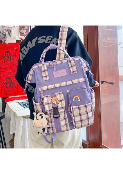 Vıp-Yeşil Stil Aksesuarlarla Vintage Rahat Kadın Ekose Mor Sırt Çantası Yeni Moda Siyah Inek Desen Genç Kızlar Için Seyahat Çantası Sırt Çantası Okul Çantası (Yurt Dışından) fiyatları