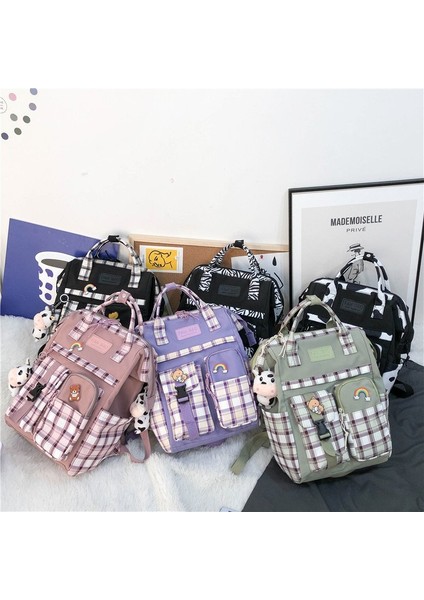 Vıp-Yeşil Stil Aksesuarlarla Vintage Rahat Kadın Ekose Mor Sırt Çantası Yeni Moda Siyah Inek Desen Genç Kızlar Için Seyahat Çantası Sırt Çantası Okul Çantası (Yurt Dışından) modelleri