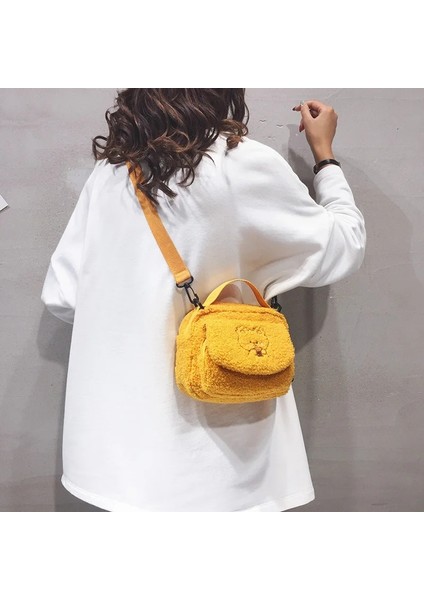 Sarı Stil Kadınlar Küçük Peluş Omuz Çantası Kadın Küçük Kanvas Çapraz Vücut Çantaları Bayanlar Nakış Fermuarlı Bez Çanta Cep Telefonu Çanta Tote (Yurt Dışından)